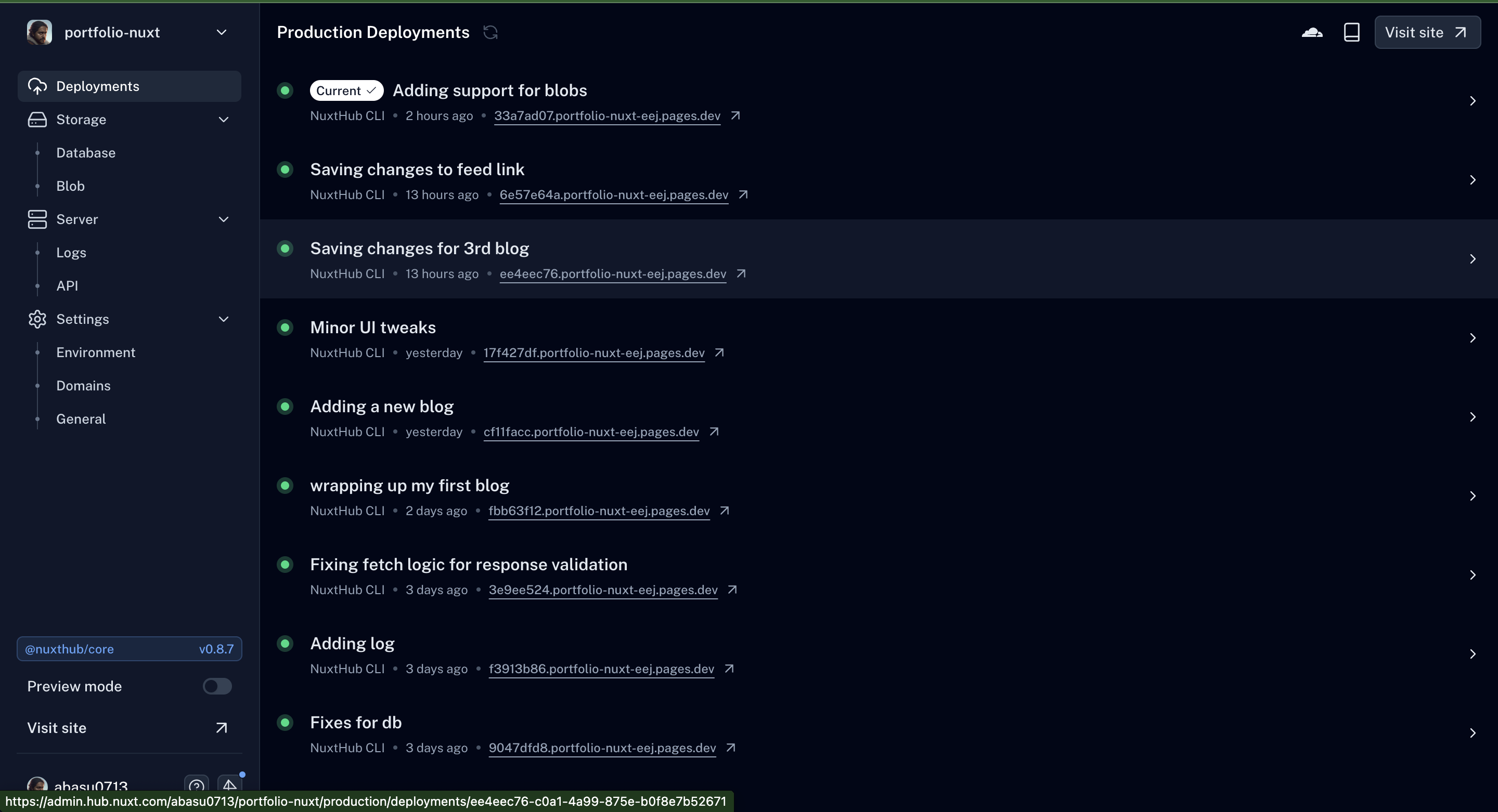 View of Nuxthub dashboard for my Portfolio/Blog deployment