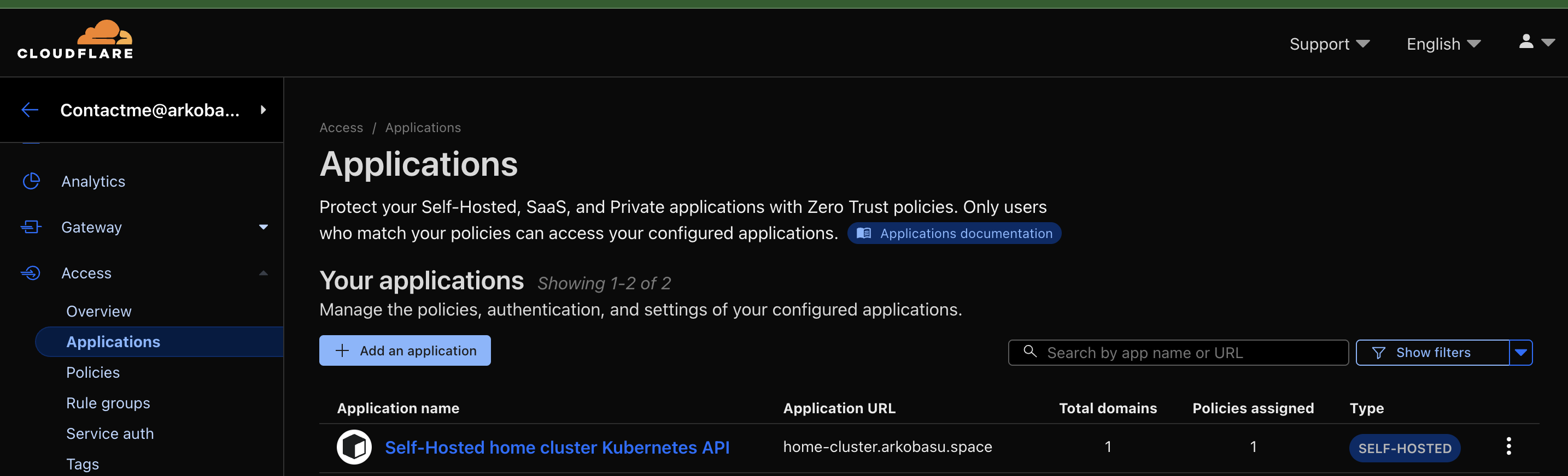 Cloudflare Self Hosted Application for Kubernetes API